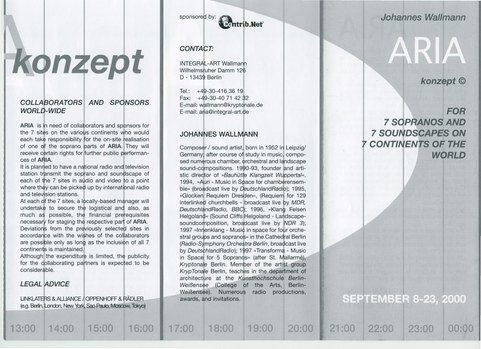 H.Johannes Wallmann: ARIA - für 7 Soprane von 7 Kontinenten (2000 - nicht realisiert)) dazu DER TAGESSPIEGEL, 29.10.1999: "Damit reagiert Wallmann künstlerisch auf die mediale Vernetzung der Welt und setzt genau jenes musikalische Zeichen, das die Expo2000 so schmerzlich vermissen lässt." H.Johannes Wallmann: ARIA - für 7 Soprane von 7 Kontinenten (2000 - nicht realisiert)) dazu DER TAGESSPIEGEL, 29.10.1999: "Damit reagiert Wallmann künstlerisch auf die mediale Vernetzung der Welt und setzt genau jenes musikalische Zeichen, das die Expo2000 so schmerzlich vermissen lässt."