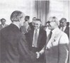 Hans Pischner nimmt mit Erich Honecker das Defilé der Vorsitzenden der DDR-Künstlerverbände ab, links Ernst Hermann Meyer, Vorsitzender des Verbandes der Komponisten und Musikwissenschaftler der DDR Hans Pischner nimmt mit Erich Honecker das Defilé der Vorsitzenden der DDR-Künstlerverbände ab, links Ernst Hermann Meyer, Vorsitzender des Verbandes der Komponisten und Musikwissenschaftler der DDR